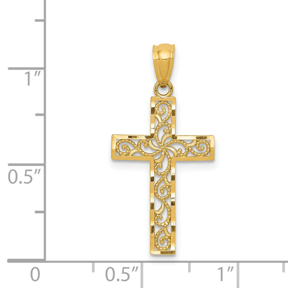 Diamond-Cut Filigree Style Latin Cross Charm Pendant in Real 14k Yellow Gold