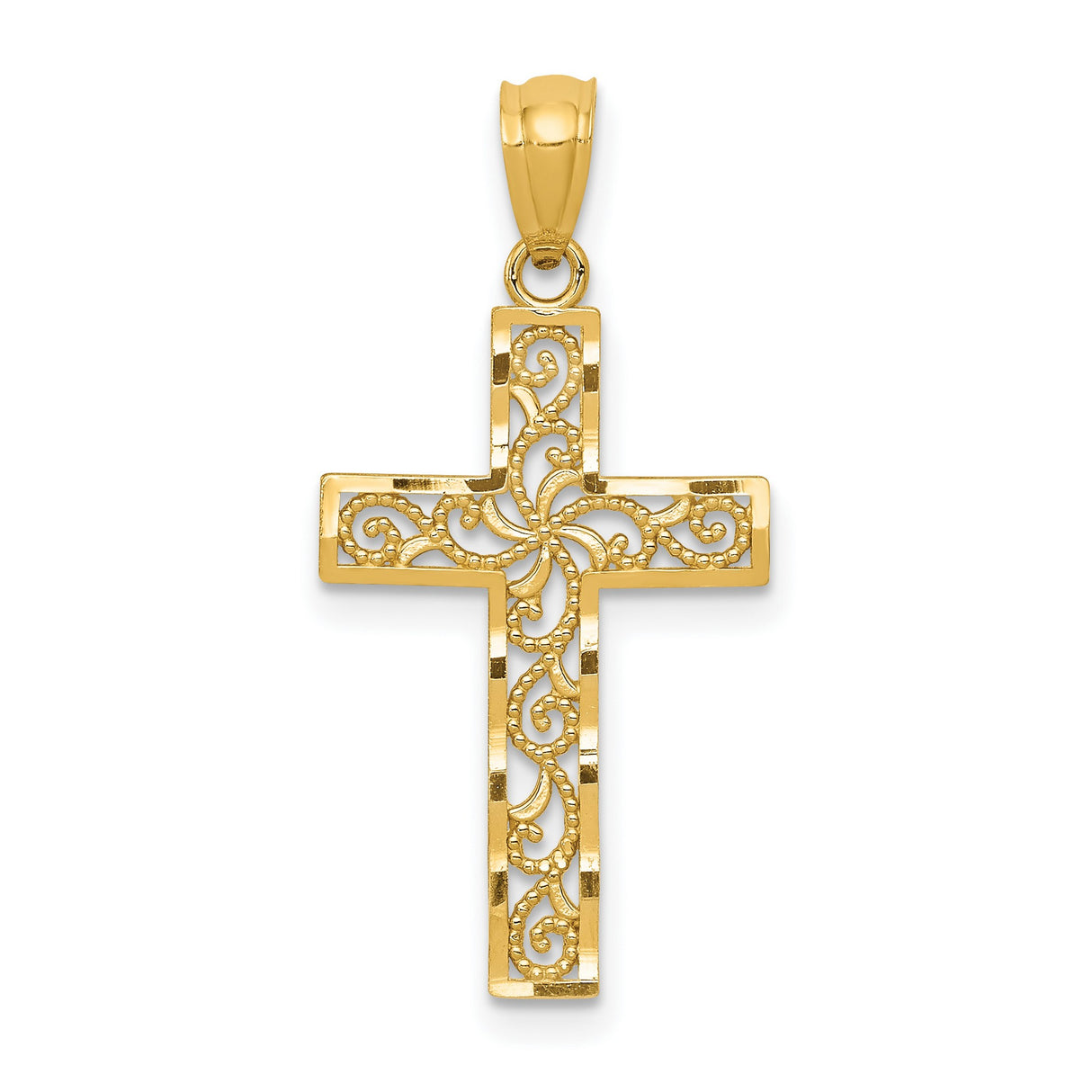 Diamond-Cut Filigree Style Latin Cross Charm Pendant in Real 14k Yellow Gold