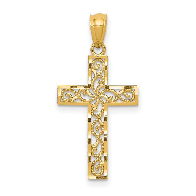 Diamond-Cut Filigree Style Latin Cross Charm Pendant in Real 14k Yellow Gold