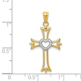 Fleur De Lis Cross With Rhodium Heart Charm Pendant in Real 14k Multi-Tone Gold