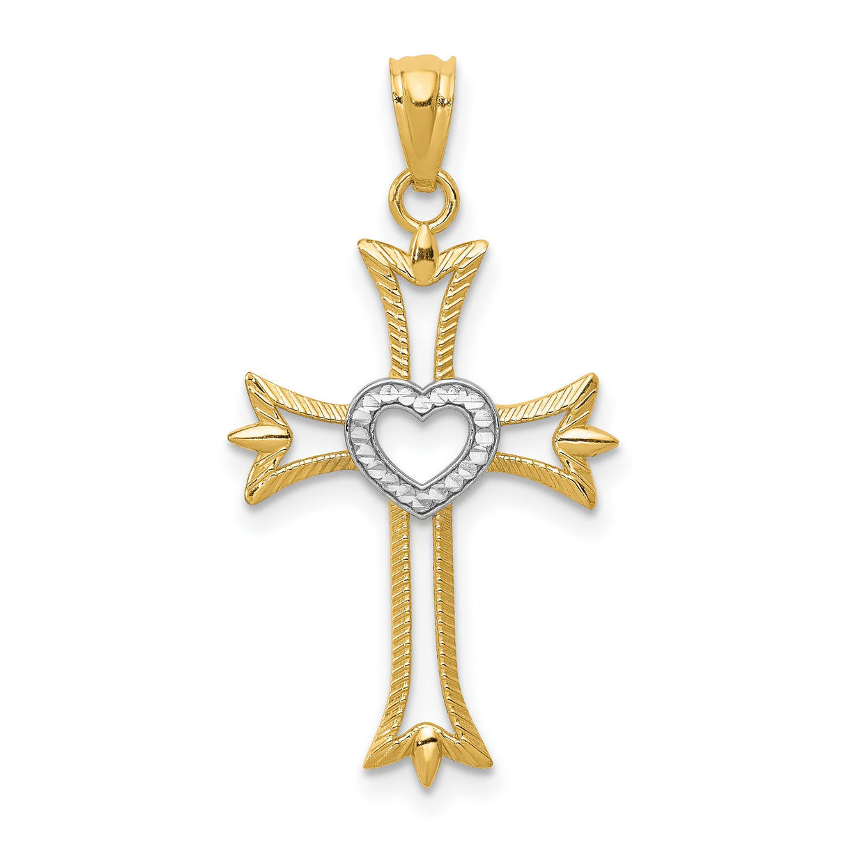 Fleur De Lis Cross With Rhodium Heart Charm Pendant in Real 14k Multi-Tone Gold