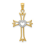 Fleur De Lis Cross With Rhodium Heart Charm Pendant in Real 14k Multi-Tone Gold