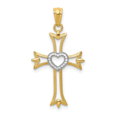 Fleur De Lis Cross With Rhodium Heart Charm Pendant in Real 14k Multi-Tone Gold
