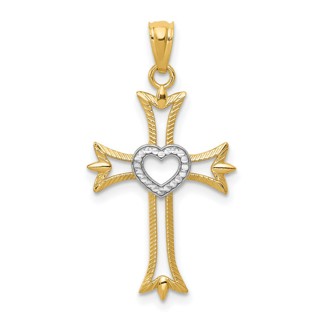 Fleur De Lis Cross With Rhodium Heart Charm Pendant in Real 14k Multi-Tone Gold