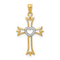 Fleur De Lis Cross With Rhodium Heart Charm Pendant in Real 14k Multi-Tone Gold