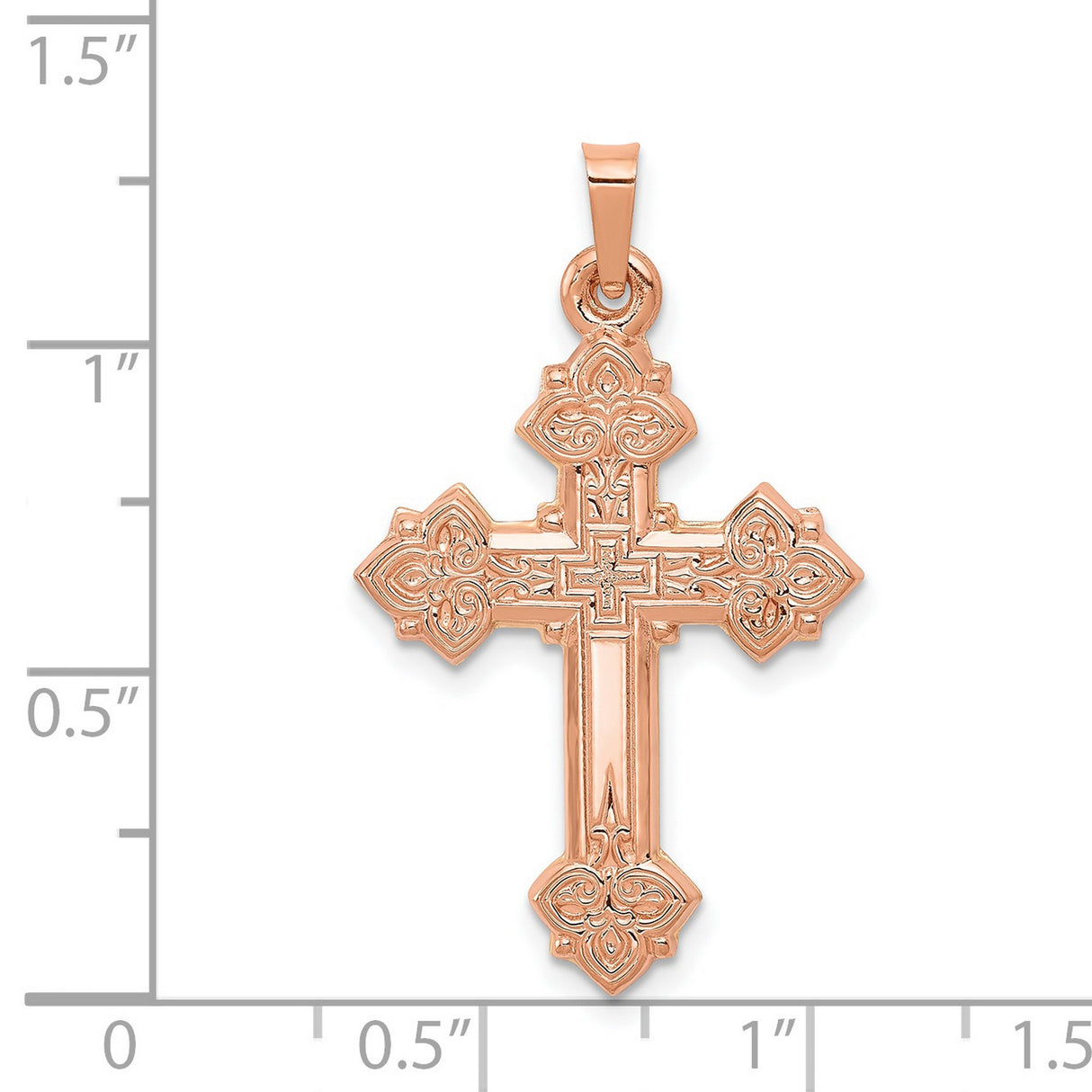 Hollow Fleur De Lis Cross Charm Pendant in Real 14k Rose Gold