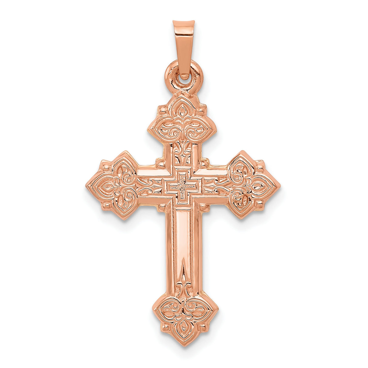 Hollow Fleur De Lis Cross Charm Pendant in Real 14k Rose Gold