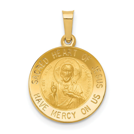 Hollow Sacred Heart of Jesus Have Mercy Us Words Round Medal Charm Pendant in Real 14k Yellow Gold