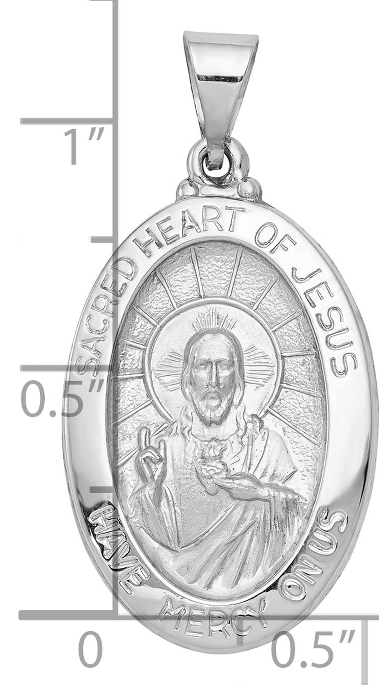 14k White Gold Sacred Heart Jesus Oval Medal Pendant with Mercy Inscription