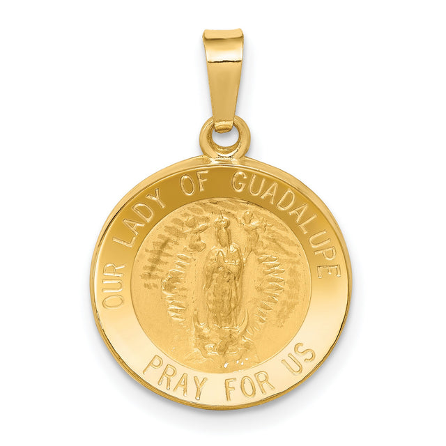 Our Lady of Guadalupe Pray For Us Words Round Medal Charm Pendant in Real 14k Yellow Gold