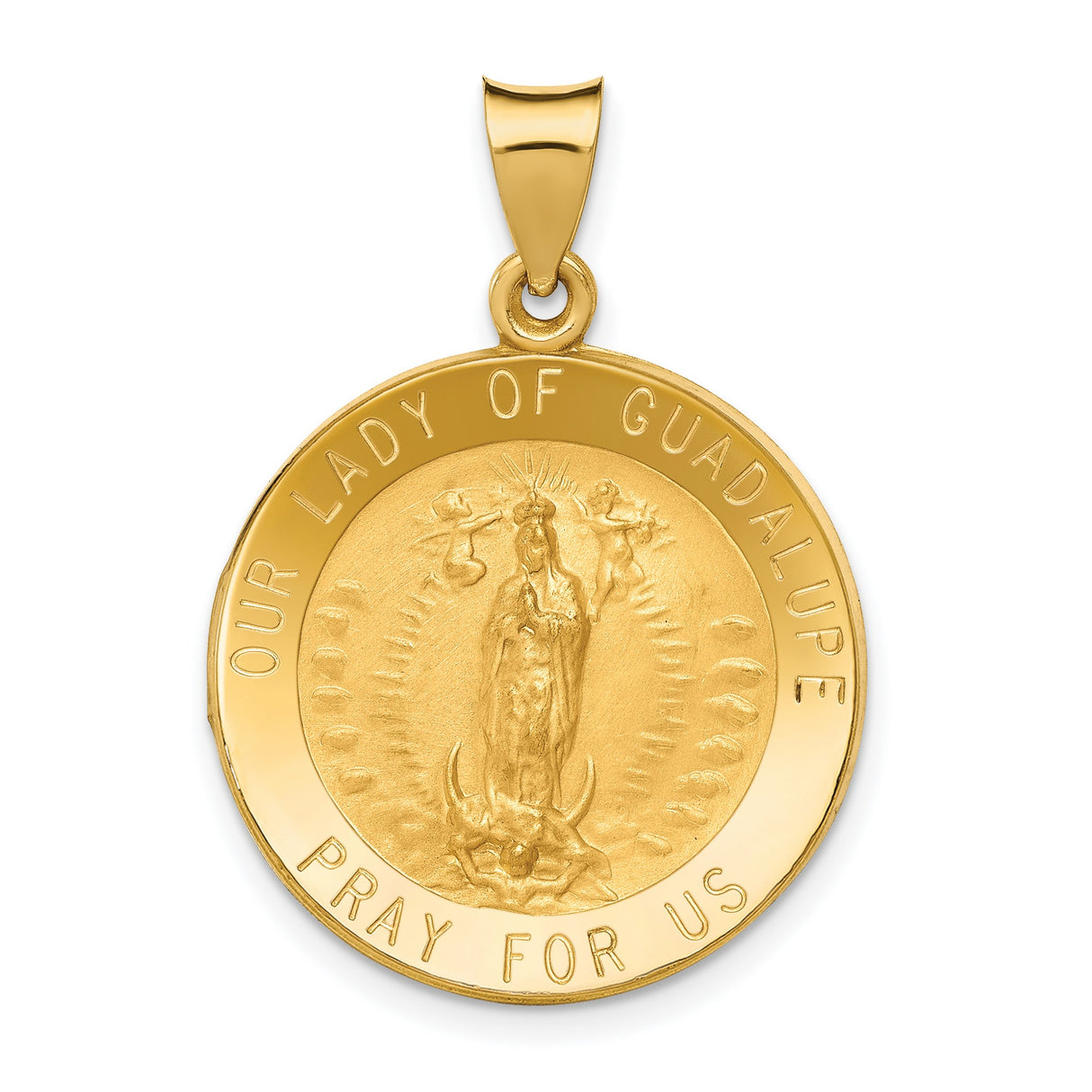 Our Lady of Guadalupe Pray For Us Words Round Medal Charm Pendant in Real 14k Yellow Gold