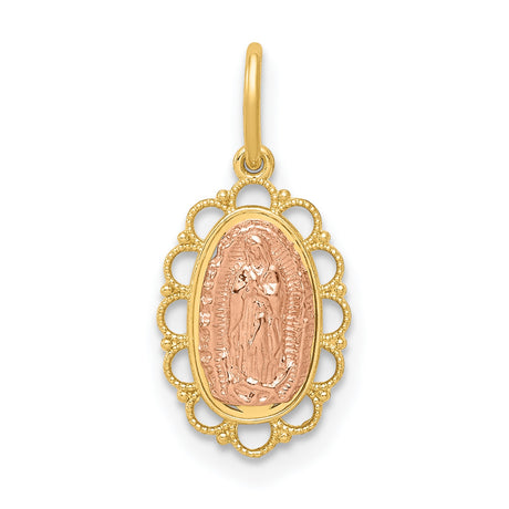 14k Two-Tone Gold Our Lady of Guadalupe Pendant with Rose Gold Virgin Mary and Scalloped Border