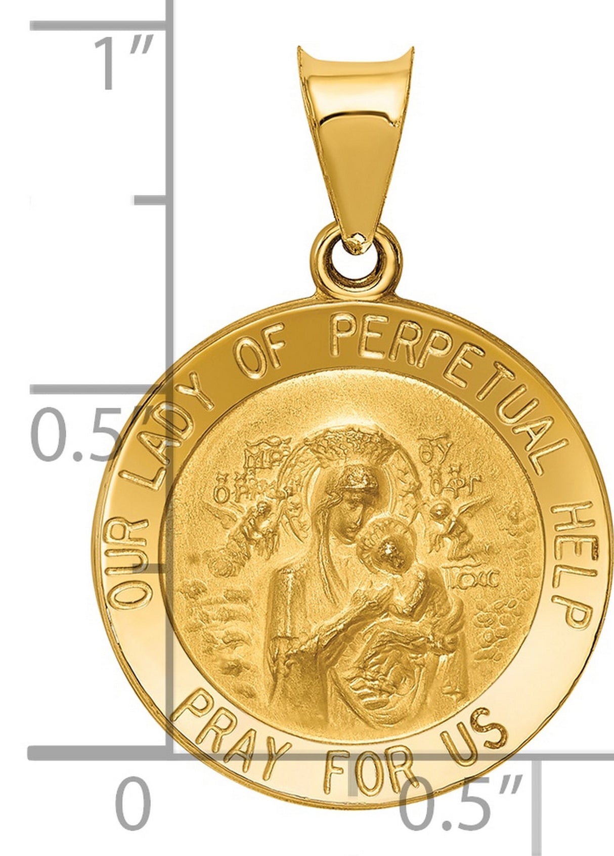 Our Lady of Perpetual Help Pray For Us Words Round Charm Pendant in Real 14k Yellow Gold