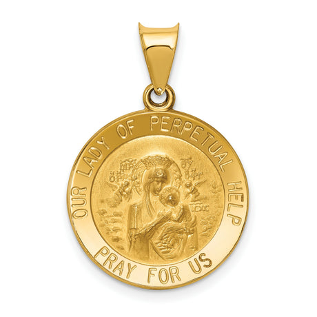 Our Lady of Perpetual Help Pray For Us Words Round Charm Pendant in Real 14k Yellow Gold