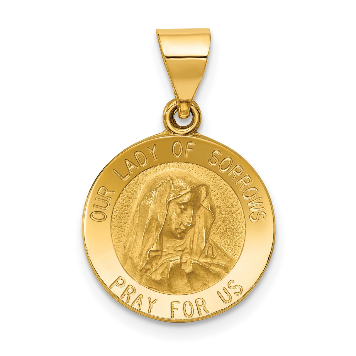 Our Lady of Sorrows Pray For Us Words Round Medal Charm Pendant in Real 14k Yellow Gold