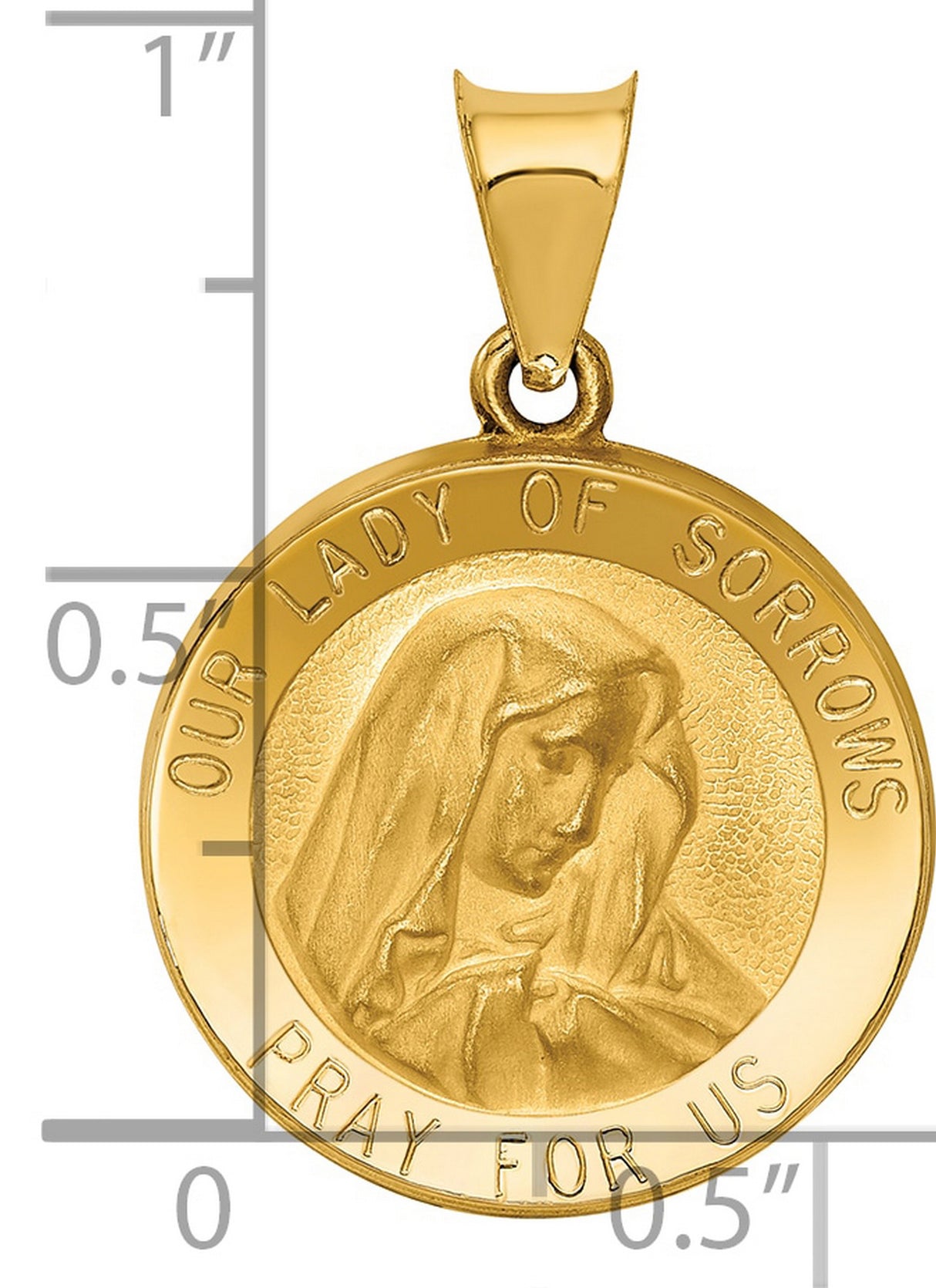 Our Lady of Sorrows Pray For Us Words Round Medal Charm Pendant in Real 14k Yellow Gold