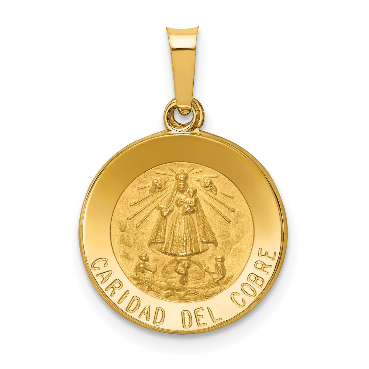 Hollow Caridad Del Cobre Words Round Charm Pendant in Real 14k Yellow Gold