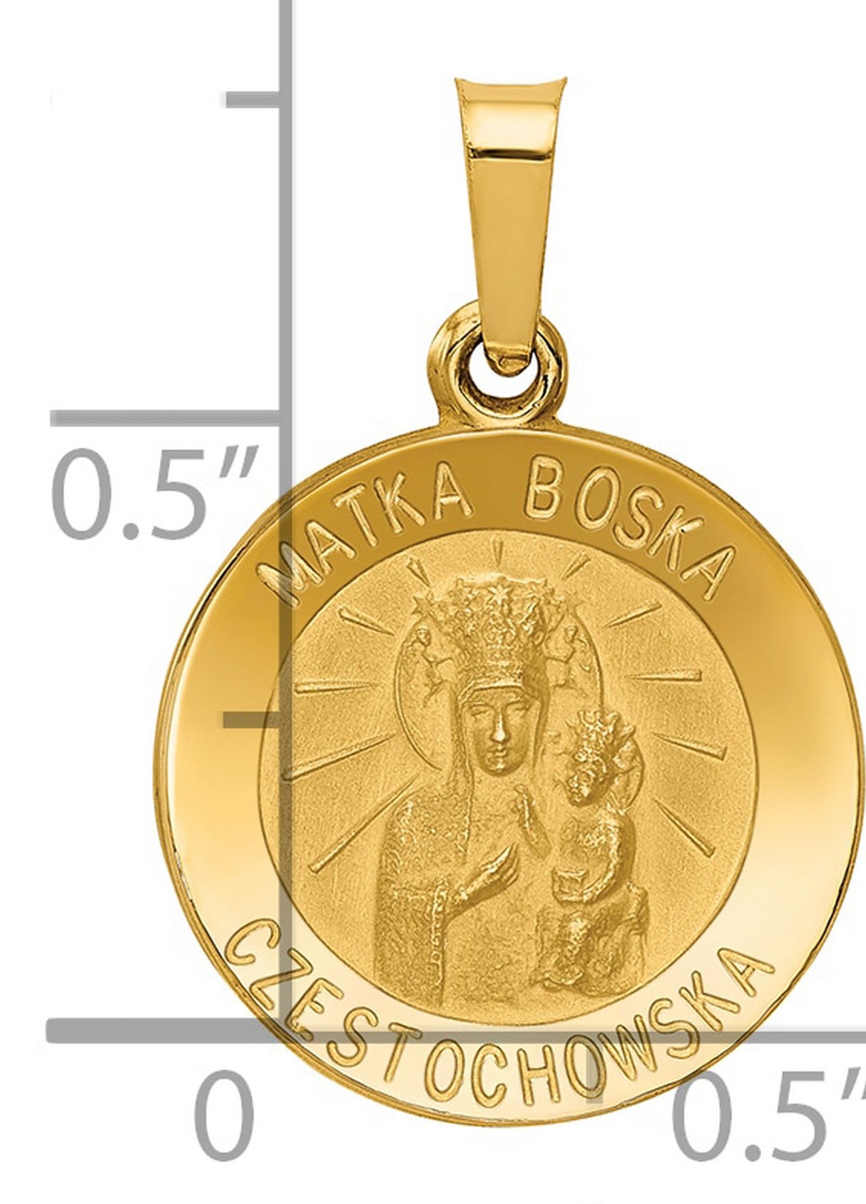 Hollow Matka Boska Czestochowska Words Round Medal Charm Pendant in Real 14k Yellow Gold