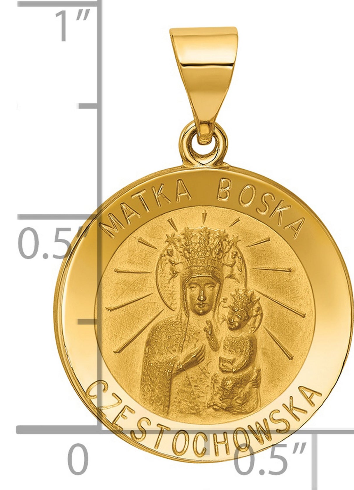 Hollow Matka Boska Czestochowska Words Round Medal Charm Pendant in Real 14k Yellow Gold