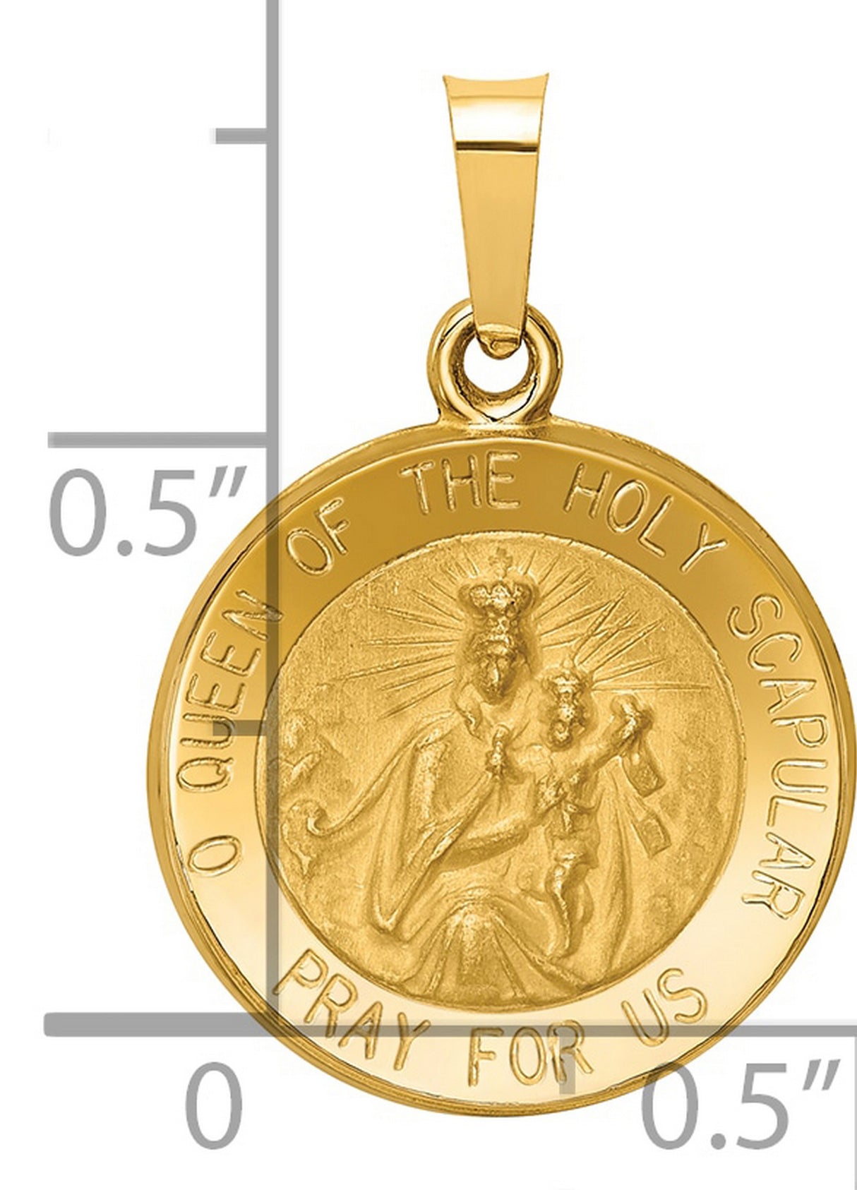 Hollow Queen of the Holy Scapular Pray For Us Words Round Charm Pendant in Real 14k Yellow Gold