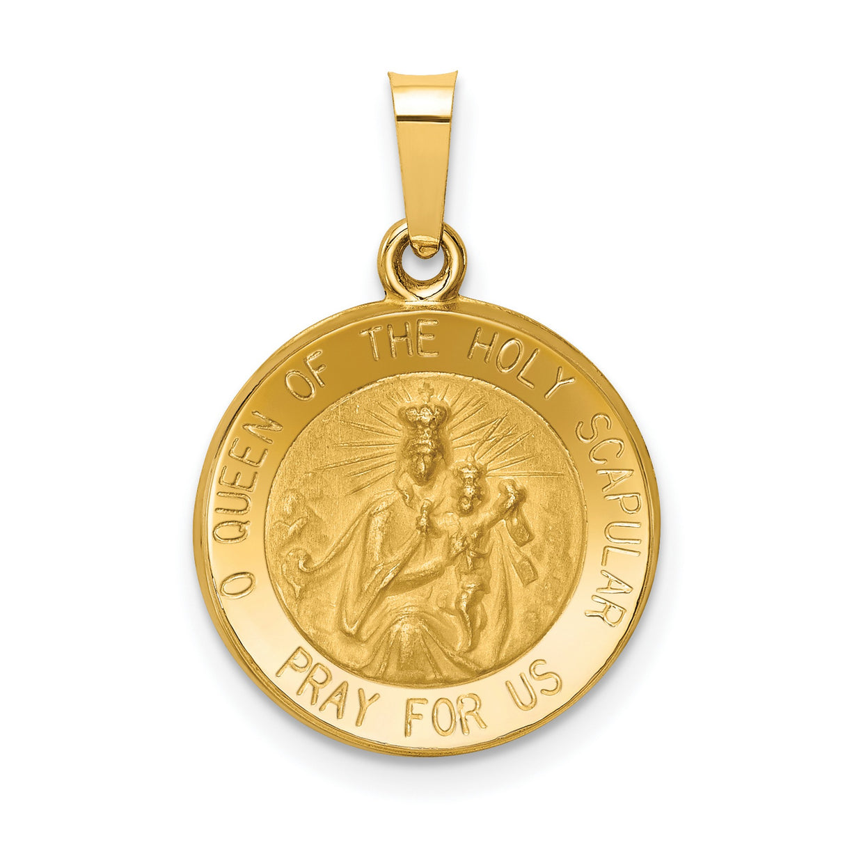 Hollow Queen of the Holy Scapular Pray For Us Words Round Charm Pendant in Real 14k Yellow Gold