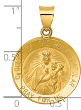 Hollow Queen of the Holy Scapular Pray For Us Words Round Charm Pendant in Real 14k Yellow Gold