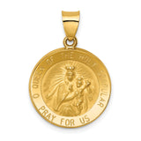 Hollow Queen of the Holy Scapular Pray For Us Words Round Charm Pendant in Real 14k Yellow Gold