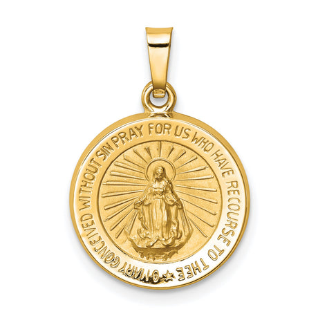 Hollow Miraculous Medal Of The Our Lady Of Graces With Words Charm Pendant in Real 14k Yellow Gold