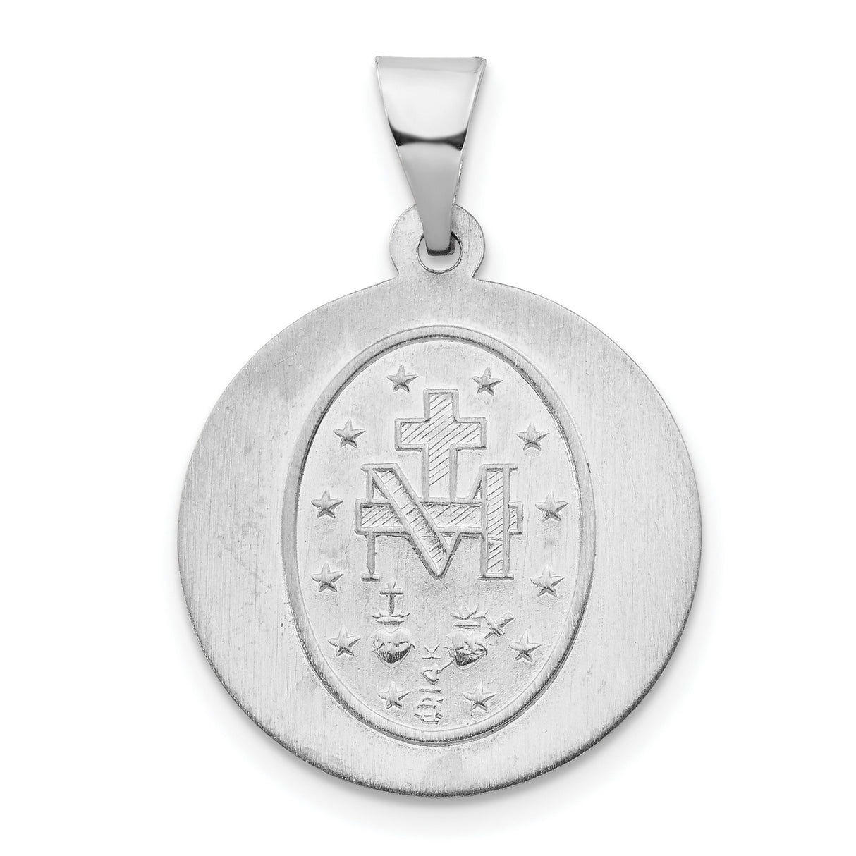 14k White Gold Miraculous Medal Pendant Featuring Virgin Mary and Prayer