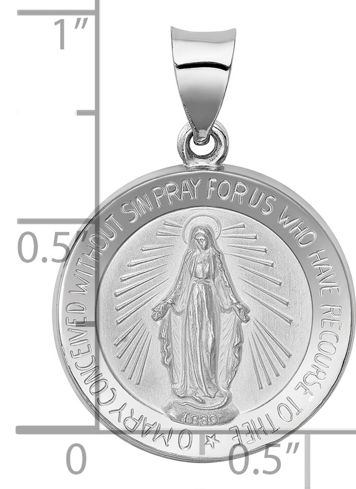 14k White Gold Miraculous Medal Pendant Featuring Virgin Mary and Prayer