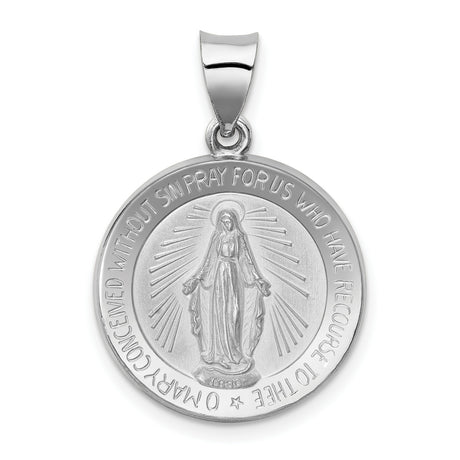 14k White Gold Miraculous Medal Pendant Featuring Virgin Mary and Prayer