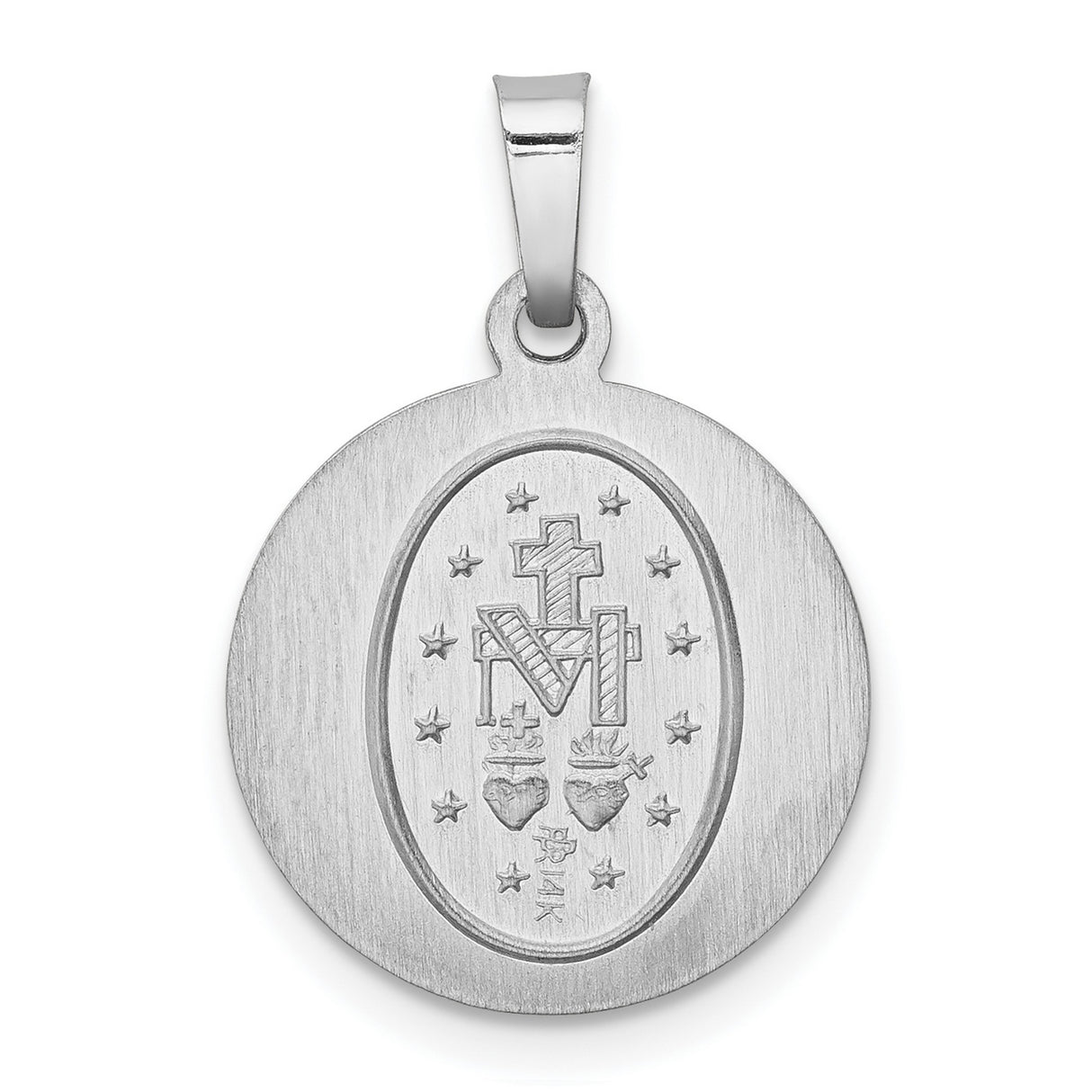 14k White Gold Miraculous Medal Pendant Featuring Virgin Mary and Radiant Beams