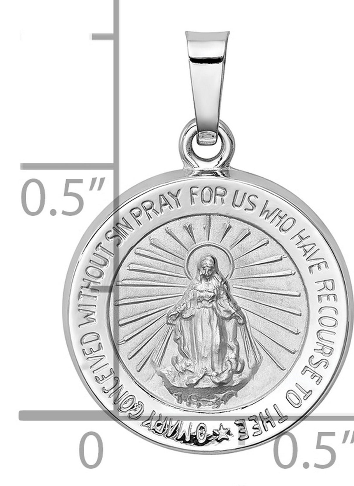 14k White Gold Miraculous Medal Pendant Featuring Virgin Mary and Radiant Beams