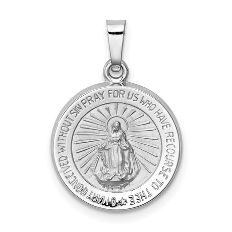 14k White Gold Miraculous Medal Pendant Featuring Virgin Mary and Radiant Beams