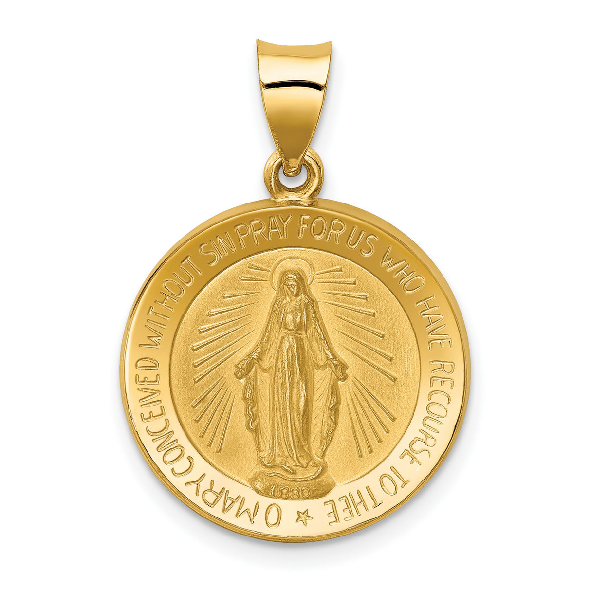 Hollow Miraculous Medal Of The Our Lady Of Graces With Words Charm Pendant in Real 14k Yellow Gold