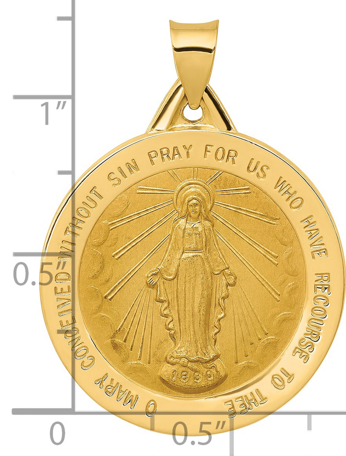 Hollow Miraculous Medal Of The Our Lady Of Graces With Words Charm Pendant in Real 14k Yellow Gold