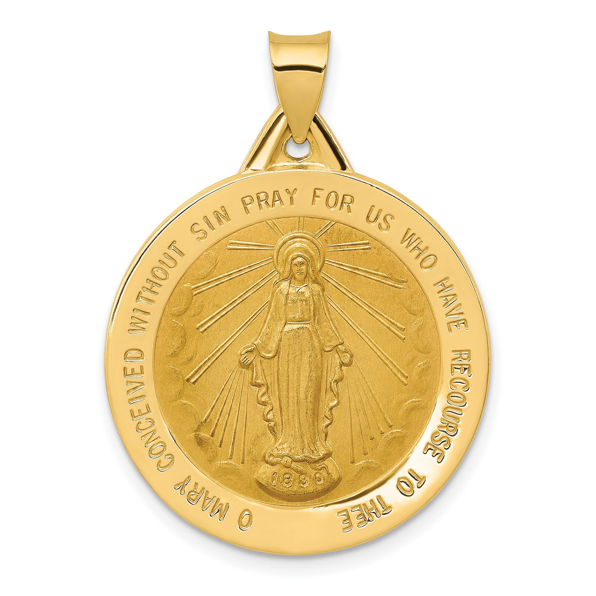 Hollow Miraculous Medal Of The Our Lady Of Graces With Words Charm Pendant in Real 14k Yellow Gold