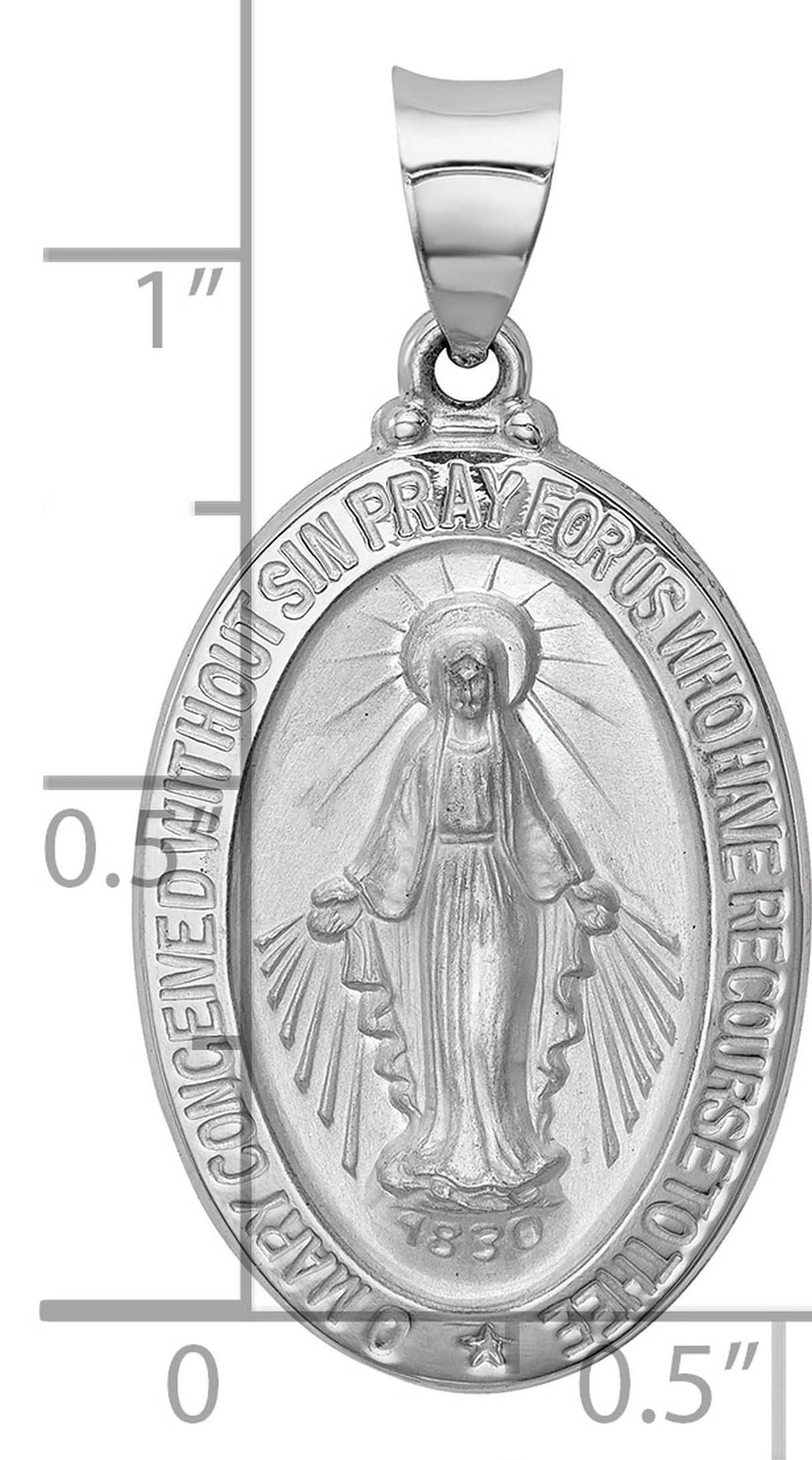 14k White Gold Miraculous Medal Pendant with Virgin Mary and Inscription