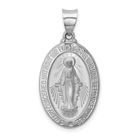 14k White Gold Miraculous Medal Pendant with Virgin Mary and Inscription