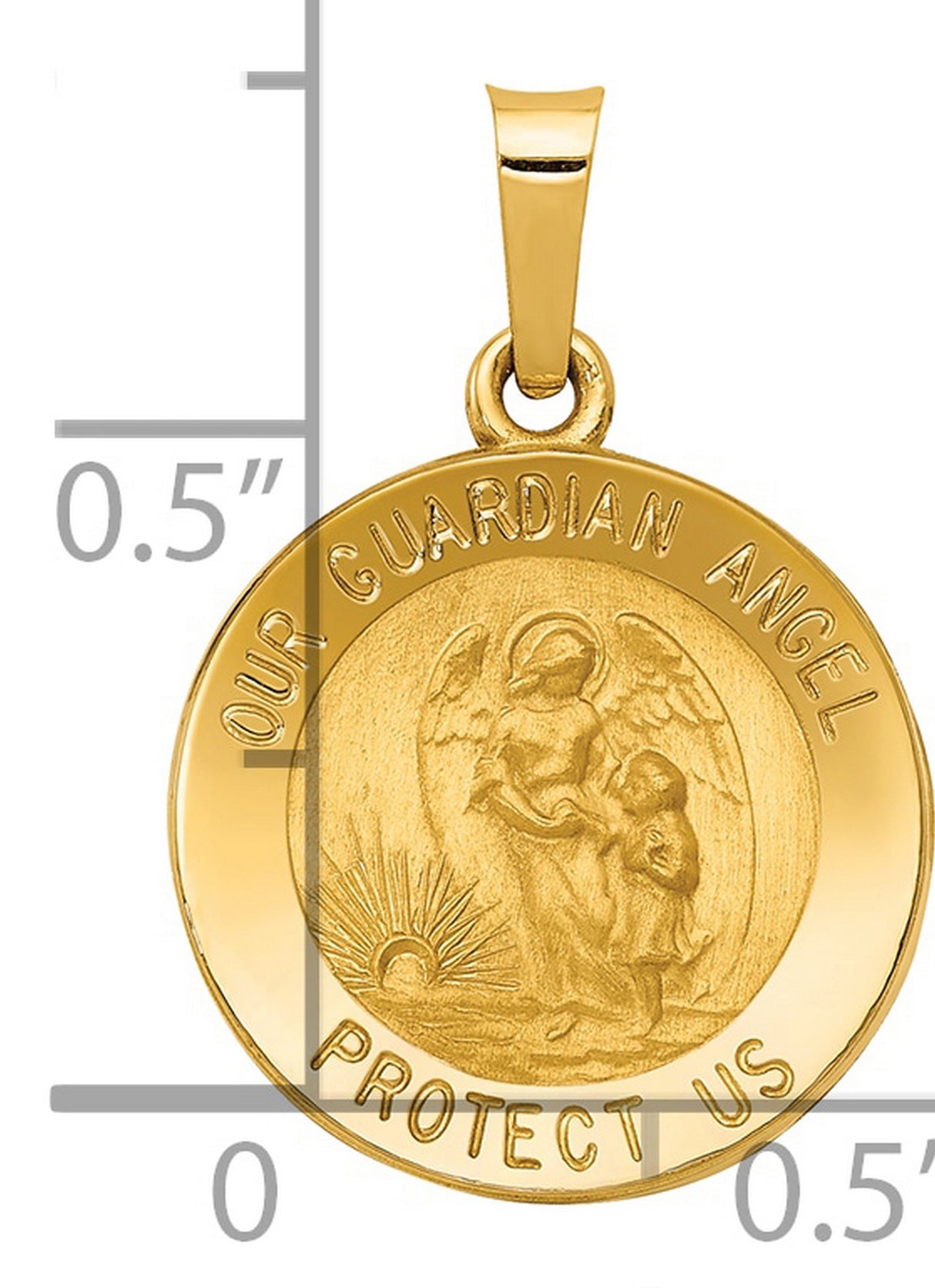 Our Guardian Angel Protect Us Words Round Medal Charm Pendant in Real 14k Yellow Gold