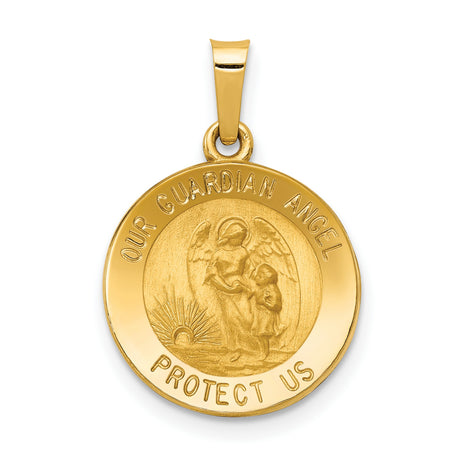 Our Guardian Angel Protect Us Words Round Medal Charm Pendant in Real 14k Yellow Gold