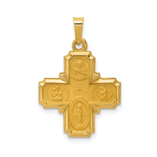 14k Yellow Gold Four-Way Cross Pendant with Virgin Mary and Saints, Religious Charm