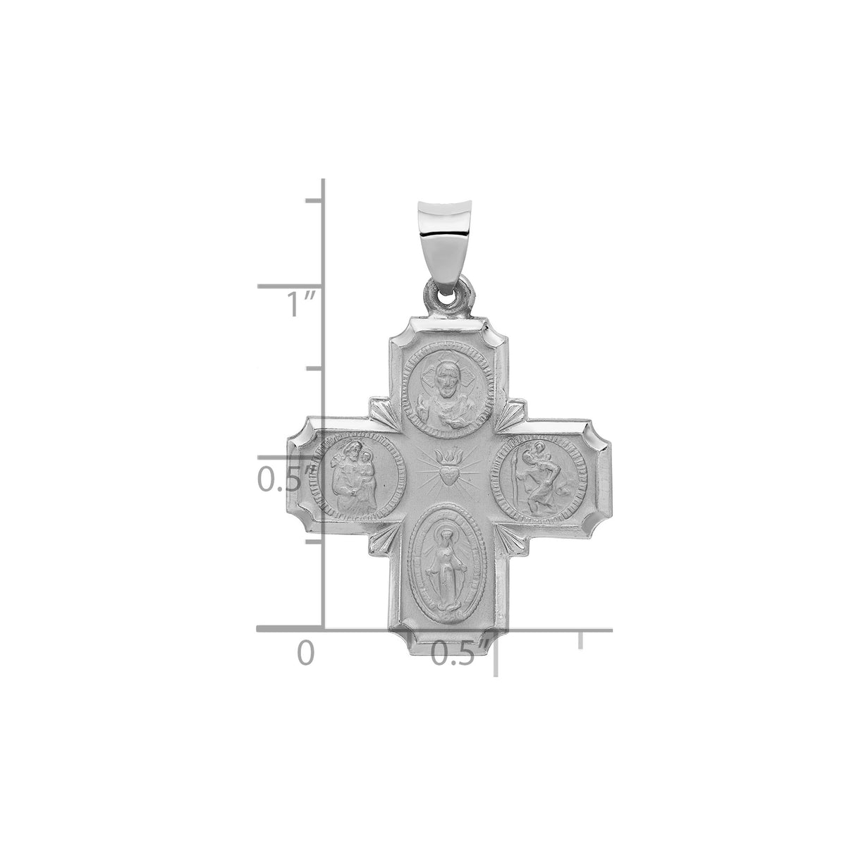 14k White Gold Four-Way Cross Pendant with Sacred Heart, Saint Joseph, Saint Christopher, Miraculous Medal