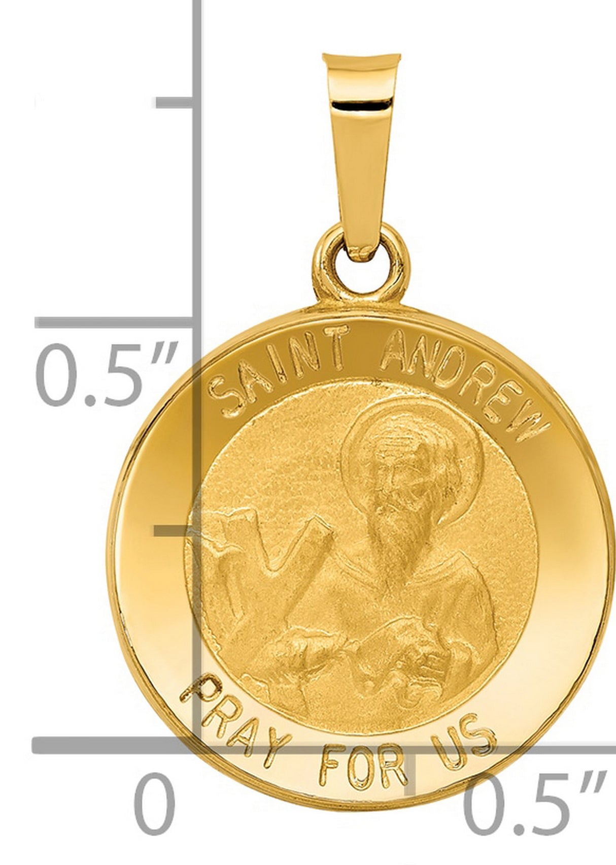 Saint Andrew Pray For Us Words Round Charm Pendant in Real 14k Yellow Gold