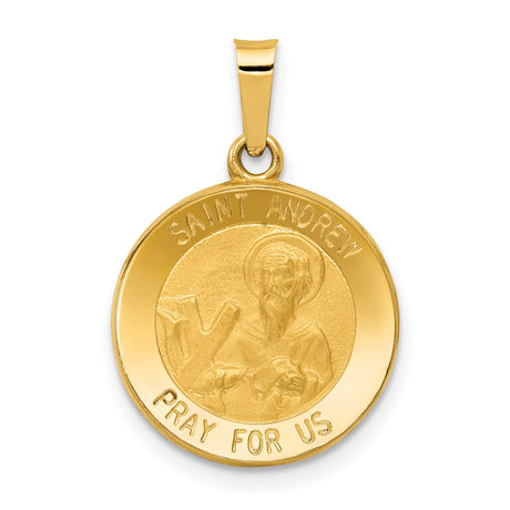 Saint Andrew Pray For Us Words Round Charm Pendant in Real 14k Yellow Gold