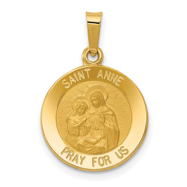 Saint Anne Pray For Us Words Round Medal Charm Pendant in Real 14k Yellow Gold