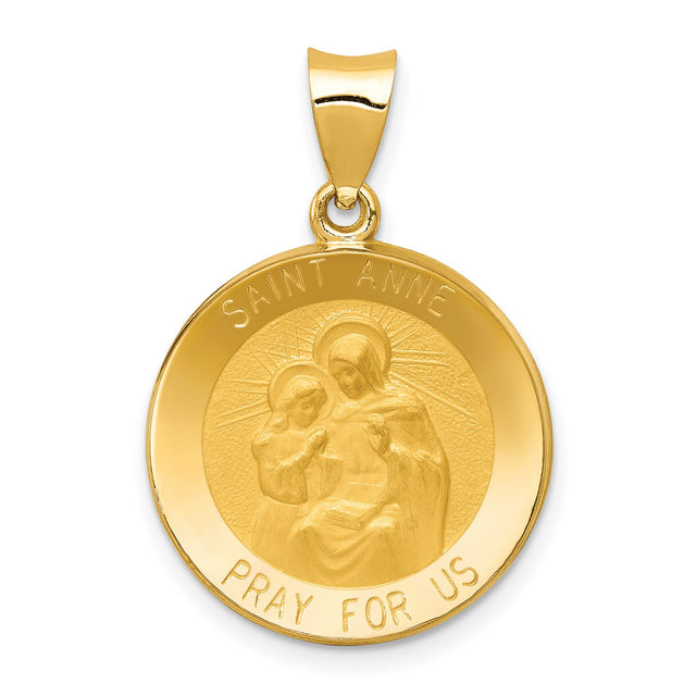 Saint Anne Pray For Us Words Round Medal Charm Pendant in Real 14k Yellow Gold