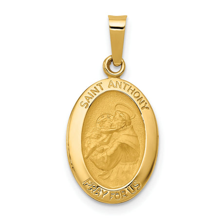 Hollow Saint Anthony Pray For Us Words Oval Charm Pendant in Real 14k Yellow Gold