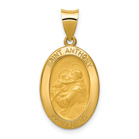 Hollow Saint Anthony Pray For Us Words Oval Charm Pendant in Real 14k Yellow Gold