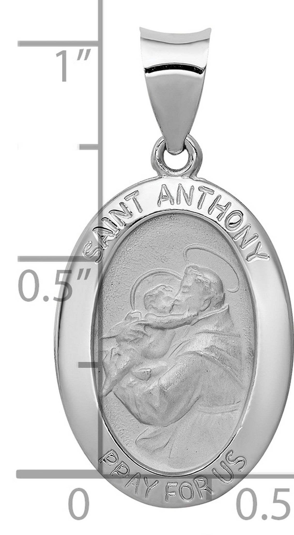 14k White Gold Saint Anthony Oval Pendant with Raised Image and Pray for Us Text